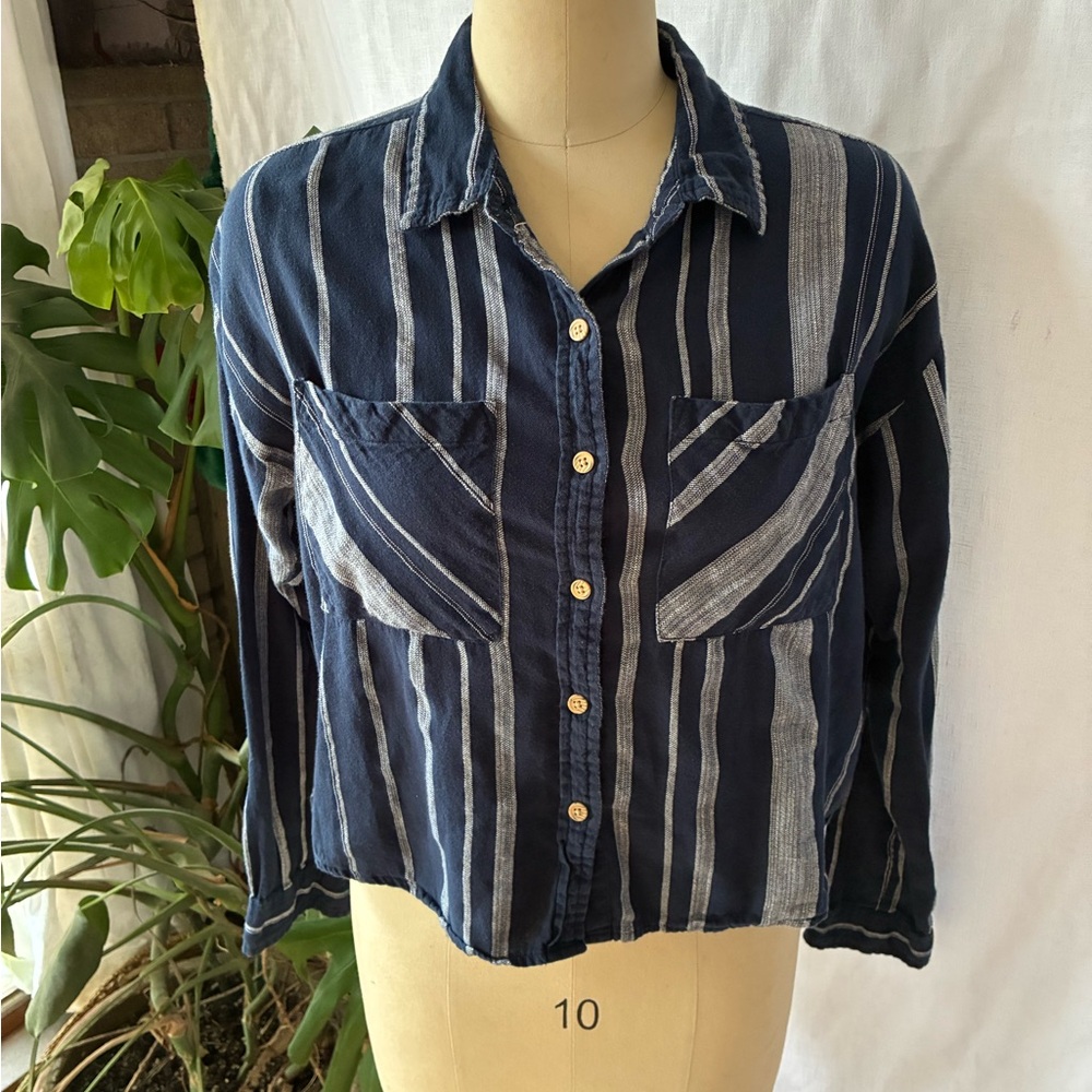 Cotton Blue Striped Button-Up Crop Shirt
